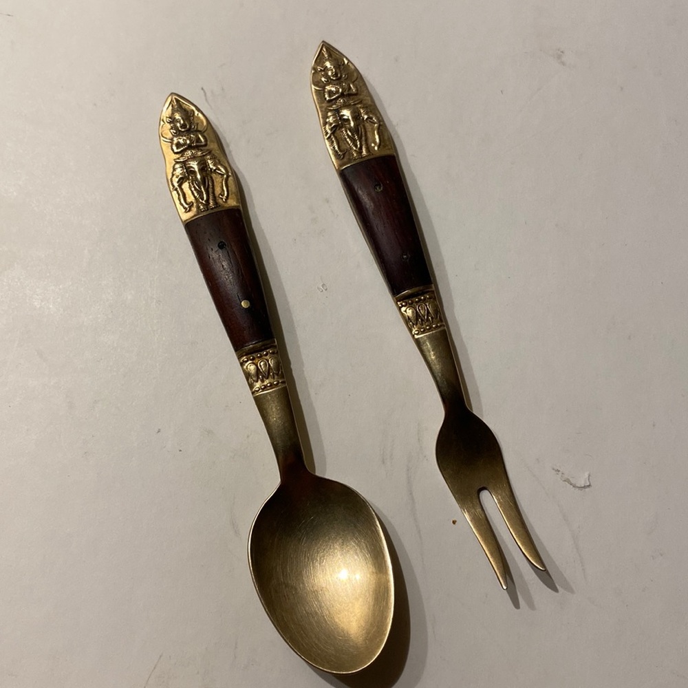 Vintage Siam Brass and Wood Serving Fork and Spoon